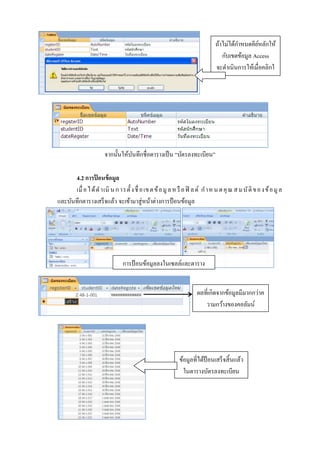 ถ้าไม่ได้กาหนดคียหลักให้
์
กับเขตข้อมูล Access
จะดาเนินการให้เมื่อคลิกใ
ช่

จากนั้นให้บนทึกชื่ อตารางเป็ น “บัตรลงทะเบียน”
ั
4.2 การปอนข้ อมูล
้
เมื่ อ ไ ด้ ด าเนิ น ก ารตั้ งชื่ อ เข ต ข้ อ มู ล ห รื อ ฟิ ล ด์ ก าห น ด คุ ณ ส ม บั ติ ข อ งข้ อ มู ล
และบันทึกตารางเสร็ จแล้ว จะเข้ามาสู่ หน้าต่างการป้ อนข้อมูล

การป้ อนข้อมูลลงในเซลล์และตาราง
ผลที่เกิดจากข้อมูลมีมากกว่าค
วามกว้างของคอลัมน์

ข้อมูลที่ได้ป้อนเสร็ จสิ้ นแล้ว
ในตารางบัตรลงทะเบียน

 