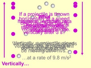 If a projectile is thrown
What
What a speed
horizontally at
happens, vertically, as a
happens, vertically, as
of 25 m/s, howvertical
Describe the fast is
aprojectile moves
projectile moves
the projectile moving
motion of a projectile.
upward? 3
downward? s?
vertically after

Vertically, a projectile slows
Vertically, a projectile speeds
Vertically, projectile will
a way up.
Vertically,on the projectile
theway down.
down the
up on
accelerates…
be moving 29.4 m/s.
…at a rate of 9.8 m/s2
Vertically…

 