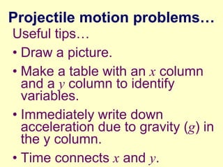 Projectile motion problems…
Useful tips…
• Draw a picture.
• Make a table with an x column
and a y column to identify
variables.
• Immediately write down
acceleration due to gravity (g) in
the y column.
• Time connects x and y.

 