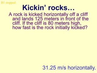 B1 stopped

Kickin’ rocks…

A rock is kicked horizontally off a cliff
and lands 125 meters in front of the
cliff. If the cliff is 80 meters high,
how fast is the rock initially kicked?

31.25 m/s horizontally.

 