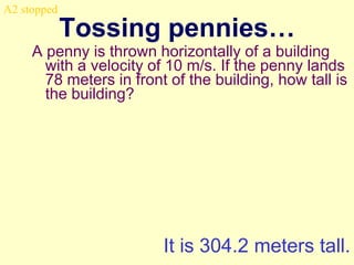 A2 stopped

Tossing pennies…

A penny is thrown horizontally of a building
with a velocity of 10 m/s. If the penny lands
78 meters in front of the building, how tall is
the building?

It is 304.2 meters tall.

 