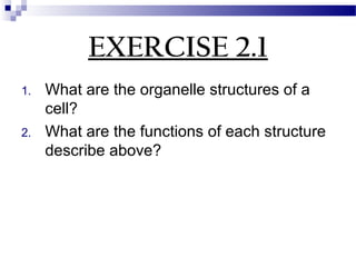 EXERCISE 2.1
1.
2.

What are the organelle structures of a
cell?
What are the functions of each structure
describe above?

 