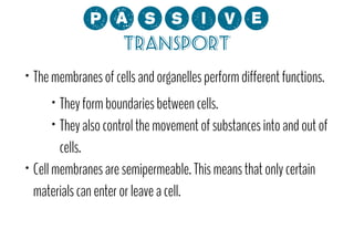 0;MMCP?
Transport

•

The membranes of cells and organelles perform different functions.

They form boundaries between cells.
• They also control the movement of substances into and out of
cells.
• Cell membranes are semipermeable. This means that only certain
materials can enter or leave a cell.
•

 