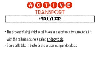 !=NCP?
Transport
ENDOCYTOSIS

•

The process during which a cell takes in a substance by surrounding it

with the cell membrane is called endocytosis.
• Some cells take in bacteria and viruses using endocytosis.

 