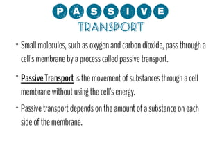 0;MMCP?
Transport

•

•

•

Small molecules, such as oxygen and carbon dioxide, pass through a
cell’s membrane by a process called passive transport.
Passive Transport is the movement of substances through a cell
membrane without using the cell’s energy.
Passive transport depends on the amount of a substance on each
side of the membrane.

 