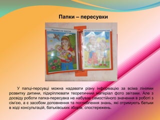 Папки – пересувки

У папці-персувці можна надавати різну інформацію за всіма лініями
розвитку дитини, підкріплювати теоретичний матеріал фото звітами. Але з
досвіду роботи папка-пересувка не набуває самостійного значення в роботі з
сім’єю, а є засобом доповнення та поглиблення знань, які отримують батьки
в ході консультацій, батьківських зборів, спостережень.

 