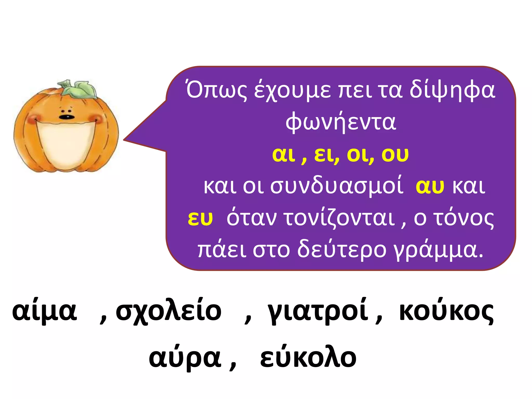 Όπως έχουμε πει τα δίψηφα
φωνήεντα
αι , ει, οι, ου
και οι συνδυασμοί αυ και
ευ όταν τονίζονται , ο τόνος
πάει στο δεύτερο γράμμα.

αίμα , σχολείο , γιατροί , κούκος
αύρα , εύκολο

 