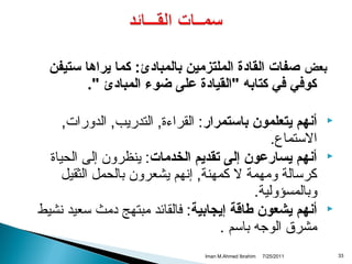 ‫بعض صفات القادة الملتزمين بالمبادئ: كما يراها ستيفن‬
‫كوفي في كتابه "القيادة على ضوء المبادئ ".‬
‫‪‬‬
‫‪‬‬

‫‪‬‬

‫33‬

‫أنهم يتعلمون باستمرار: القراءة, التدريب, الدورات,‬
‫الستماع.‬
‫أنهم يسارعون إلى تقديم الخدمات: ينظرون إلى الحياة‬
‫كرسالة ومهمة ل كمهنة, إتنهم يشعرون بالحمل الثقيل‬
‫وبالمسؤولية.‬
‫أنهم يشعون طاقة إيجابية: فالقائد مبتهج دمث سعيد تنشيط‬
‫مشرق الوجه باسم .‬
‫1102/52/7‬

‫‪Iman M.Ahmed Ibrahim‬‬

 
