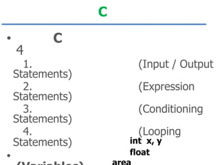 C
•

4

C

1.
Statements)
2.
Statements)
3.
Statements)
4.
Statements)

•

(Input / Output
(Expression
(Conditioning

(Looping

int x, y
float

 