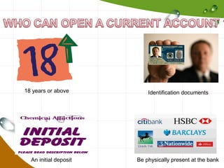 18 years or above

An initial deposit

Identification documents

Be physically present at the bank

 
