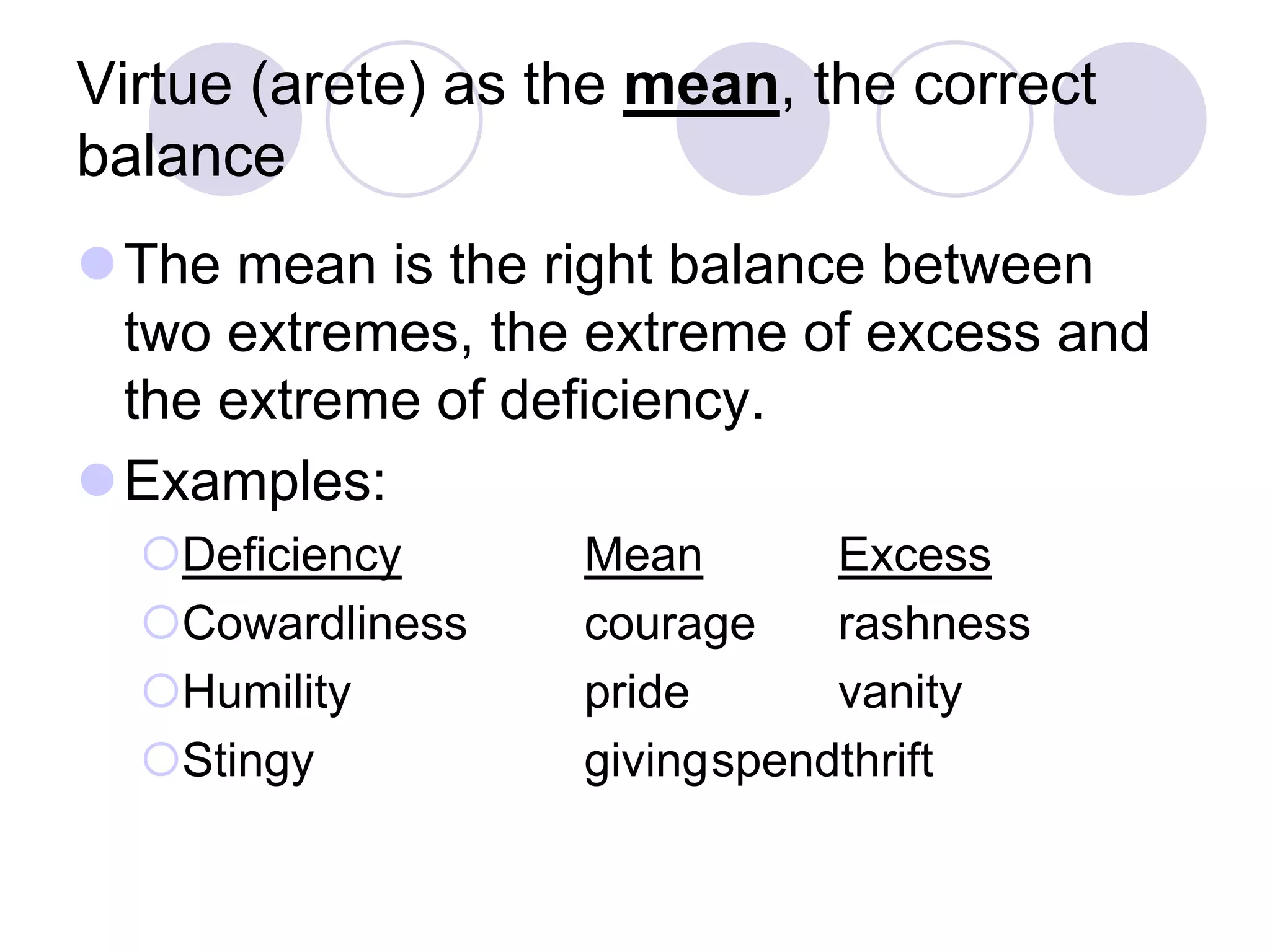 Virtue (arete) as the mean, the correct
balance
The mean is the right balance between
two extremes, the extreme of excess and
the extreme of deficiency.
Examples:
Deficiency
Cowardliness
Humility
Stingy

Mean
Excess
courage
rashness
pride
vanity
giving spendthrift

 