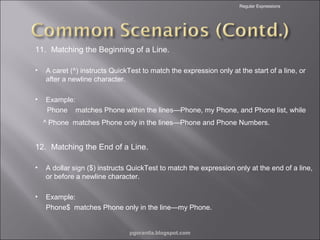 Regular Expressions

11. Matching the Beginning of a Line.
•

A caret (^) instructs QuickTest to match the expression only at the start of a line, or
after a newline character.

•

Example:
Phone matches Phone within the lines—Phone, my Phone, and Phone list, while
^ Phone matches Phone only in the lines—Phone and Phone Numbers.

12. Matching the End of a Line.
•

A dollar sign ($) instructs QuickTest to match the expression only at the end of a line,
or before a newline character.

•

Example:
Phone$ matches Phone only in the line—my Phone.

pgorantla.blogspot.com

 