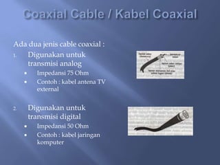 Ada dua jenis cable coaxial :
1.
Digunakan untuk
transmisi analog



Impedansi 75 Ohm
Contoh : kabel antena TV
external

Digunakan untuk
transmisi digital

2.





Impedansi 50 Ohm
Contoh : kabel jaringan
komputer

 