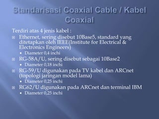 Terdiri atas 4 jenis kabel :
 Ethernet, sering disebut 10Base5, standard yang
ditetapkan oleh IEEE(Institute for Electrical &
Electronics Engineers)



RG-58A/U, sering disebut sebagai 10Base2




Diameter 0,18 inchi

RG-59/U digunakan pada TV kabel dan ARCnet
(topologi jaringan model lama)




Diameter 0,4 inchi

Diameter 0,25 inchi

RG62/U digunakan pada ARCnet dan terminal IBM


Diameter 0,25 inchi

 