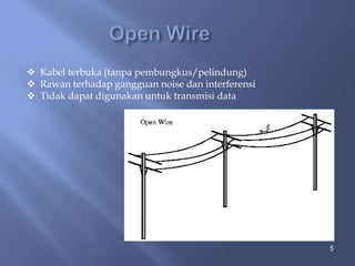  Kabel terbuka (tanpa pembungkus/pelindung)
 Rawan terhadap gangguan noise dan interferensi
 Tidak dapat digunakan untuk transmisi data

5

 