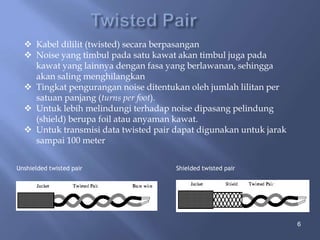  Kabel dililit (twisted) secara berpasangan
 Noise yang timbul pada satu kawat akan timbul juga pada
kawat yang lainnya dengan fasa yang berlawanan, sehingga
akan saling menghilangkan
 Tingkat pengurangan noise ditentukan oleh jumlah lilitan per
satuan panjang (turns per foot).
 Untuk lebih melindungi terhadap noise dipasang pelindung
(shield) berupa foil atau anyaman kawat.
 Untuk transmisi data twisted pair dapat digunakan untuk jarak
sampai 100 meter
Unshielded twisted pair

Shielded twisted pair

6

 