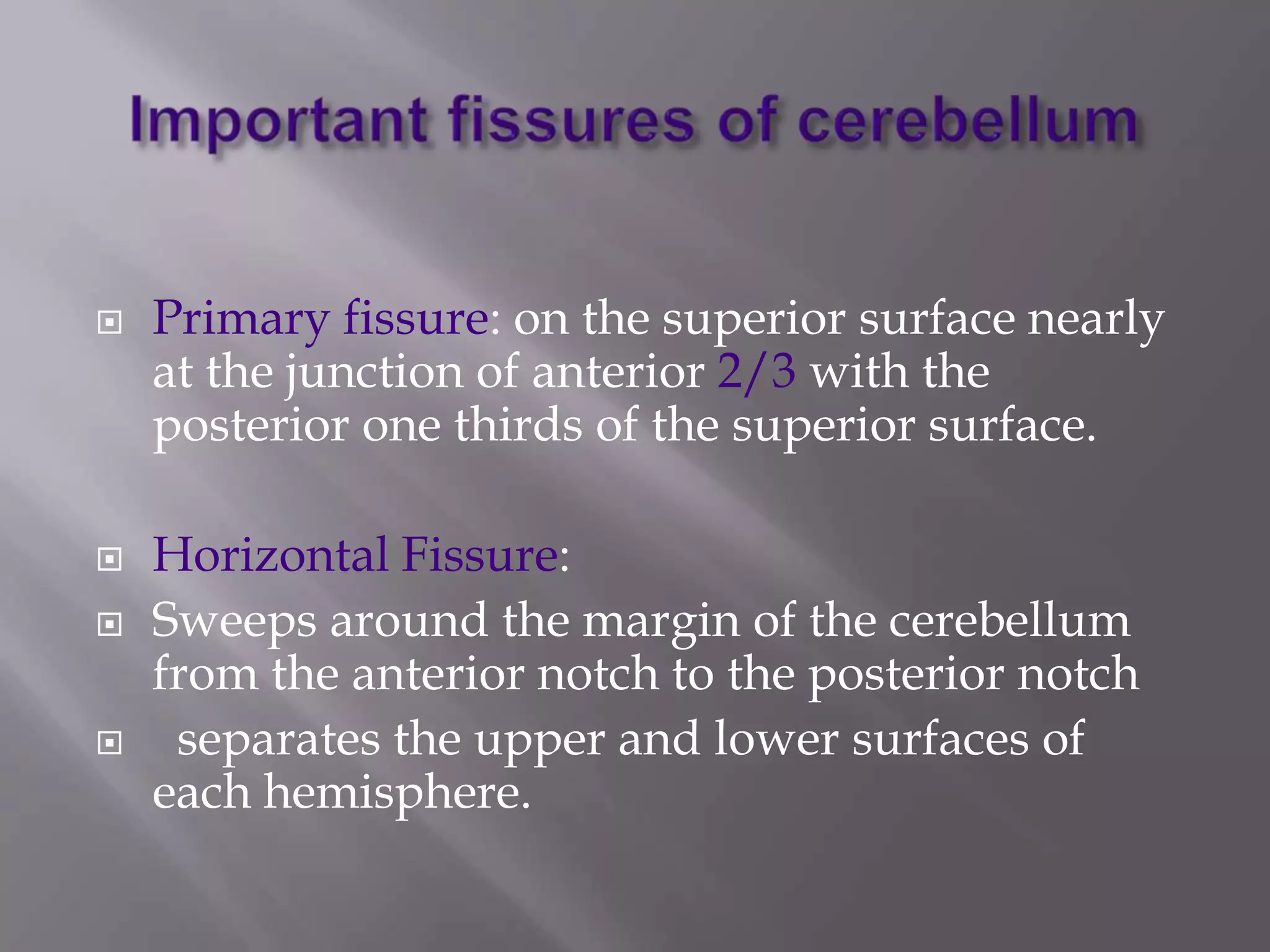 






Primary fissure: on the superior surface nearly
at the junction of anterior 2/3 with the
posterior one thirds of the superior surface.
Horizontal Fissure:
Sweeps around the margin of the cerebellum
from the anterior notch to the posterior notch
separates the upper and lower surfaces of
each hemisphere.

 