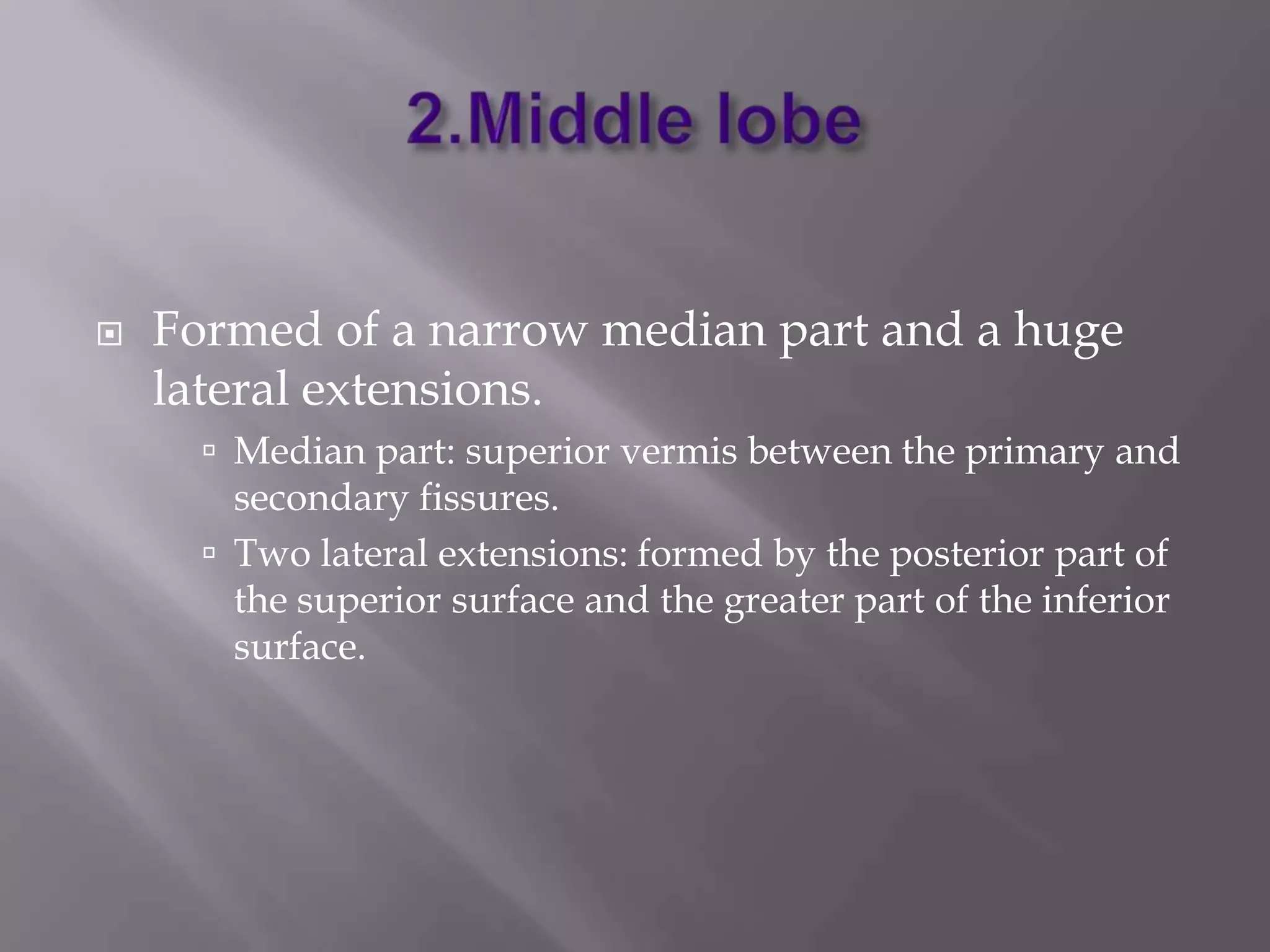 

Formed of a narrow median part and a huge
lateral extensions.
 Median part: superior vermis between the primary and

secondary fissures.
 Two lateral extensions: formed by the posterior part of
the superior surface and the greater part of the inferior
surface.

 