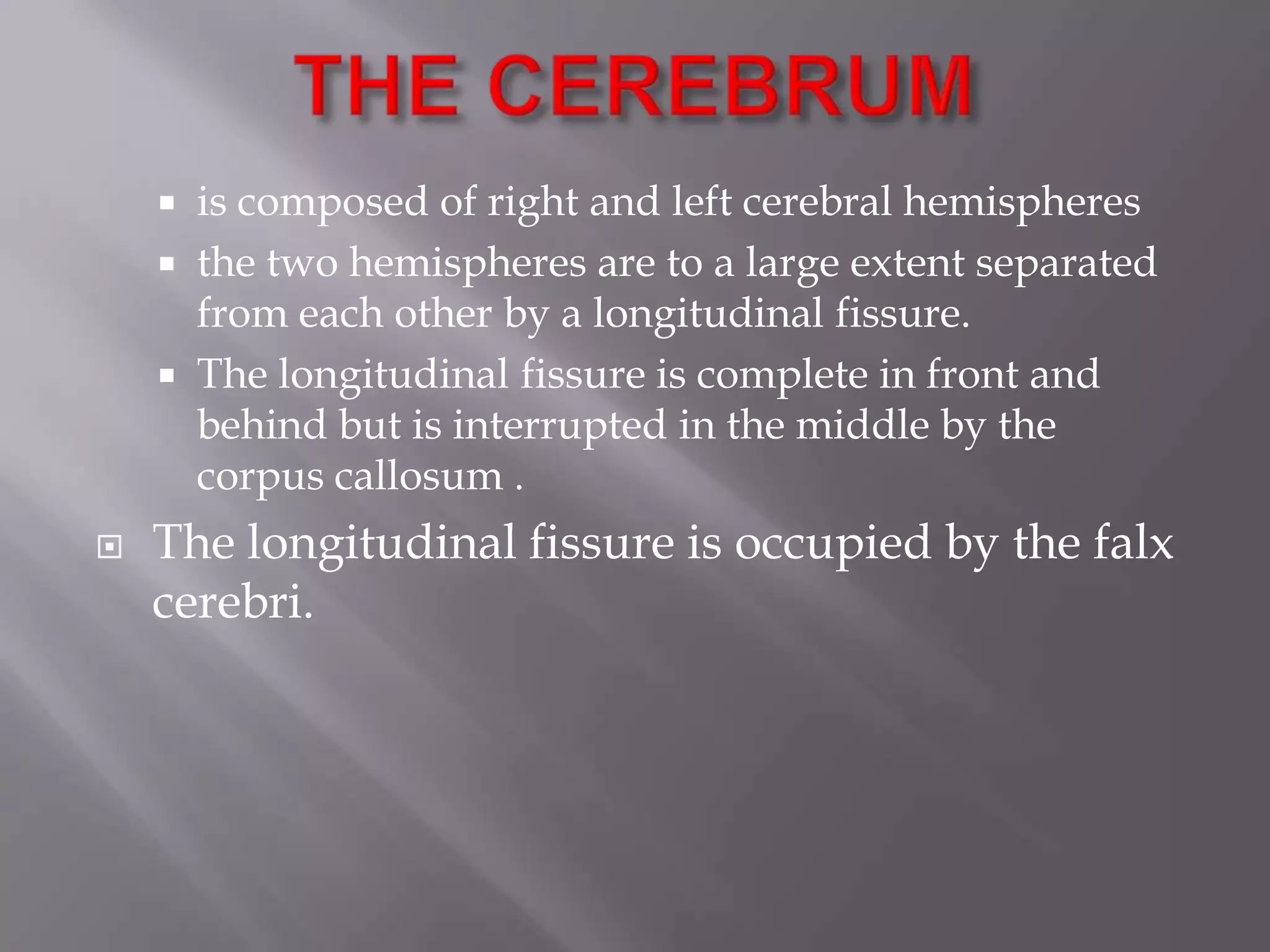 





is composed of right and left cerebral hemispheres
the two hemispheres are to a large extent separated
from each other by a longitudinal fissure.
The longitudinal fissure is complete in front and
behind but is interrupted in the middle by the
corpus callosum .

The longitudinal fissure is occupied by the falx
cerebri.

 