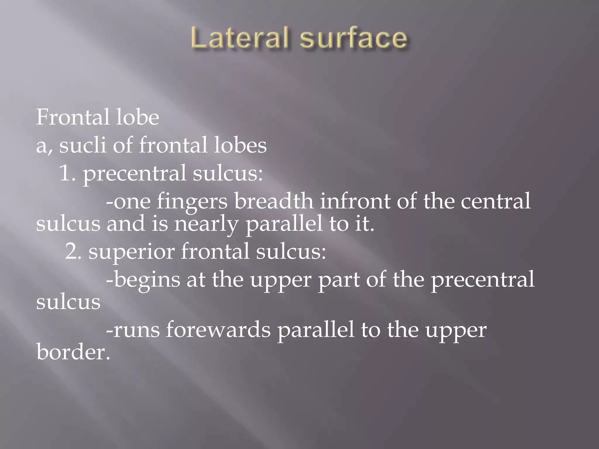 Frontal lobe
a, sucli of frontal lobes
1. precentral sulcus:
-one fingers breadth infront of the central
sulcus and is nearly parallel to it.
2. superior frontal sulcus:
-begins at the upper part of the precentral
sulcus
-runs forewards parallel to the upper
border.

 