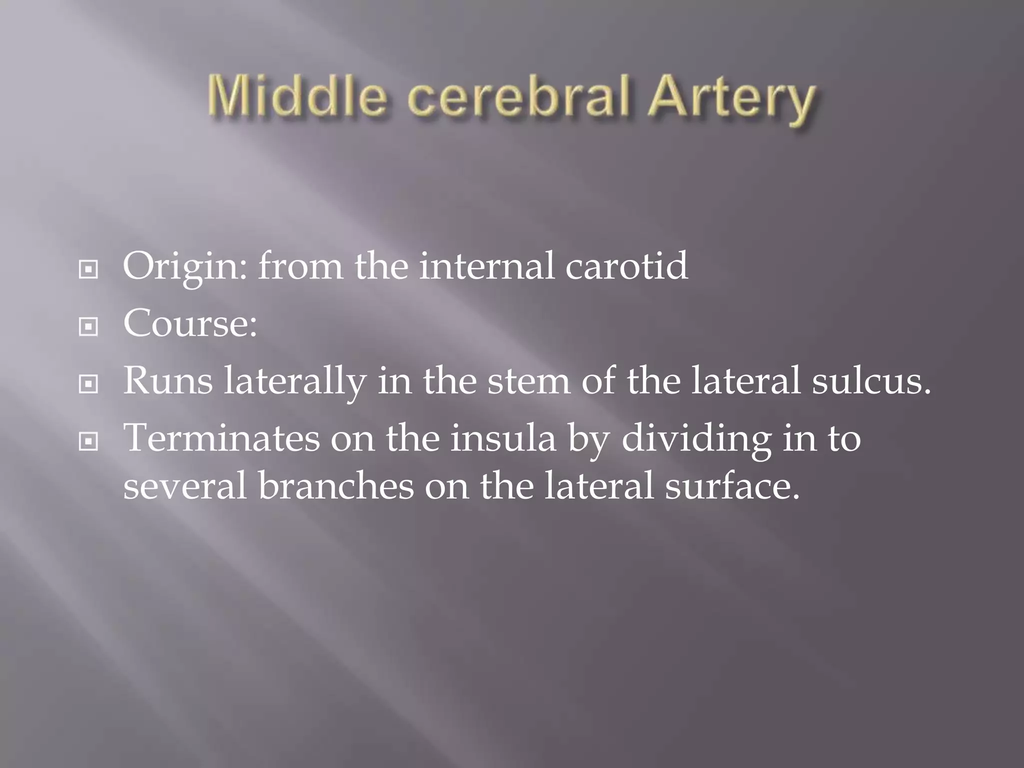




Origin: from the internal carotid
Course:
Runs laterally in the stem of the lateral sulcus.
Terminates on the insula by dividing in to
several branches on the lateral surface.

 