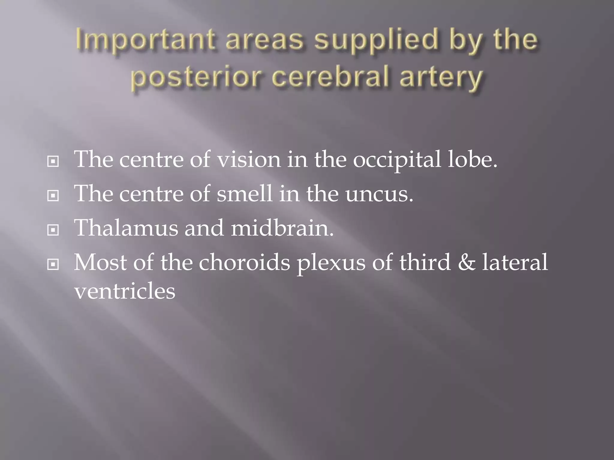 




The centre of vision in the occipital lobe.
The centre of smell in the uncus.
Thalamus and midbrain.
Most of the choroids plexus of third & lateral
ventricles

 