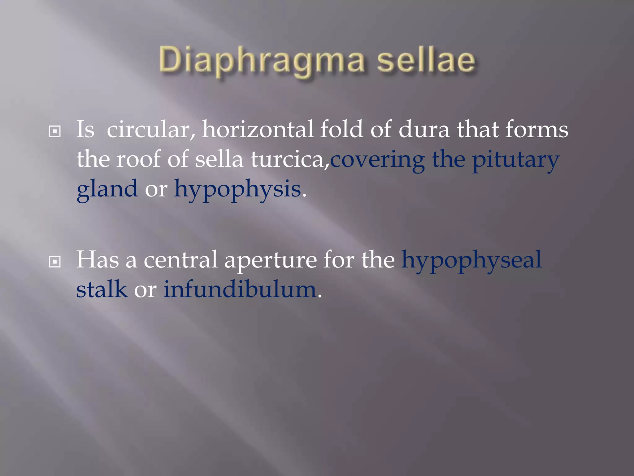 



Is circular, horizontal fold of dura that forms
the roof of sella turcica,covering the pitutary
gland or hypophysis.
Has a central aperture for the hypophyseal
stalk or infundibulum.

 