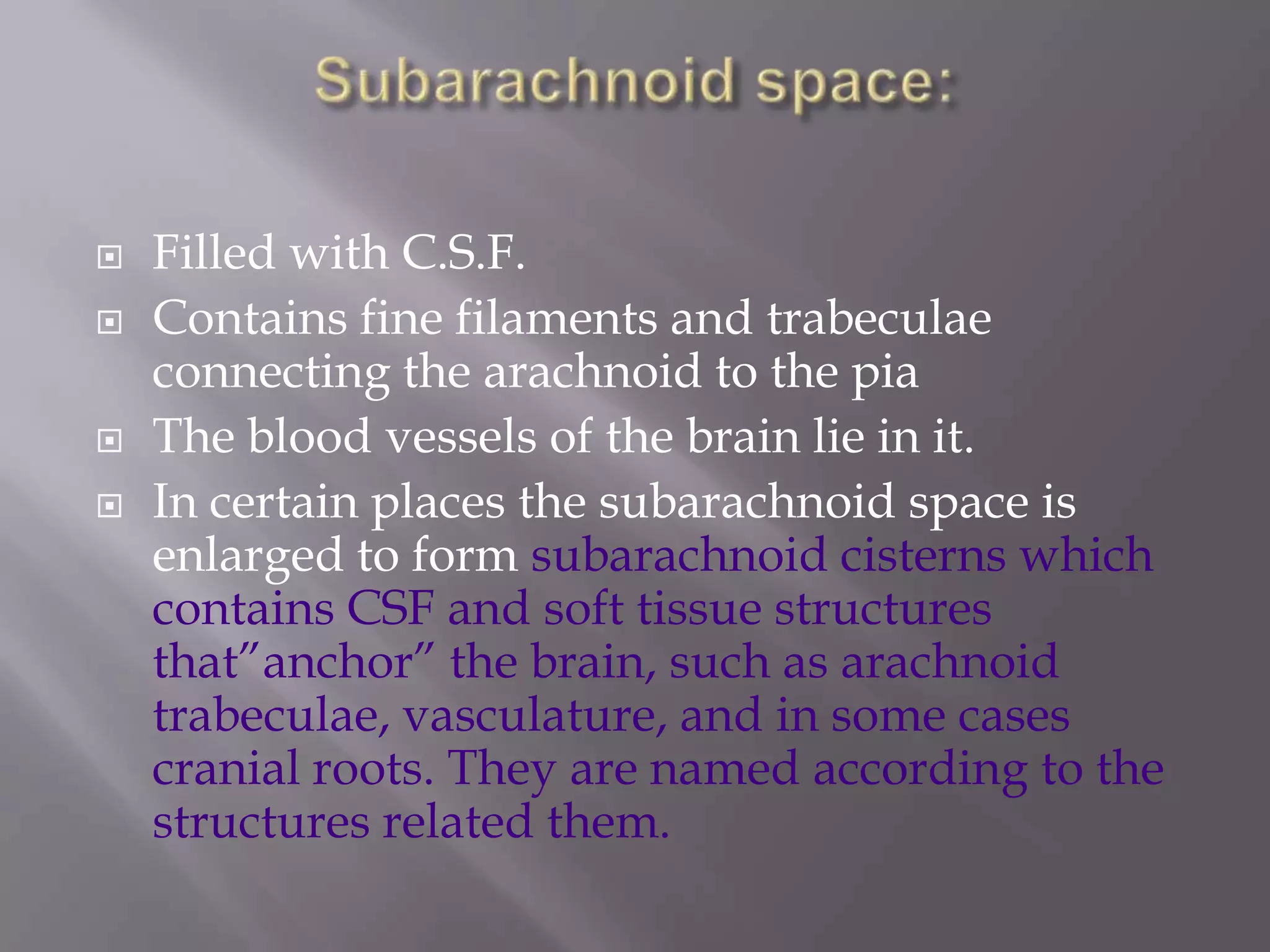 





Filled with C.S.F.
Contains fine filaments and trabeculae
connecting the arachnoid to the pia
The blood vessels of the brain lie in it.
In certain places the subarachnoid space is
enlarged to form subarachnoid cisterns which
contains CSF and soft tissue structures
that‖anchor‖ the brain, such as arachnoid
trabeculae, vasculature, and in some cases
cranial roots. They are named according to the
structures related them.

 