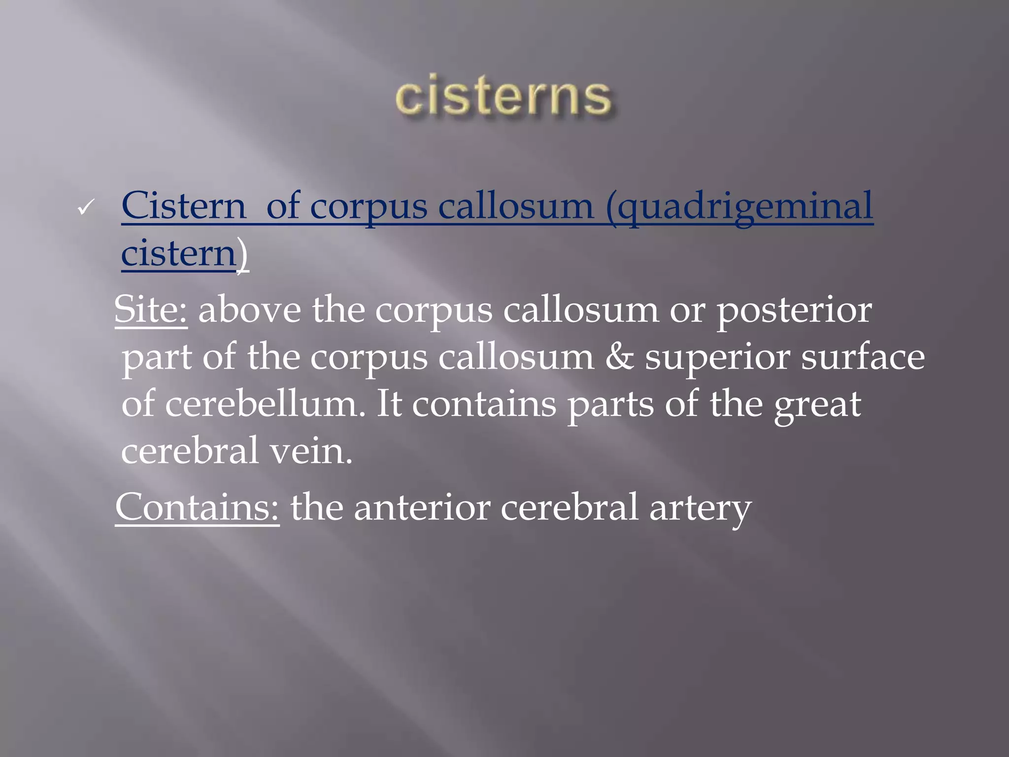 

Cistern of corpus callosum (quadrigeminal
cistern)
Site: above the corpus callosum or posterior
part of the corpus callosum & superior surface
of cerebellum. It contains parts of the great
cerebral vein.
Contains: the anterior cerebral artery

 