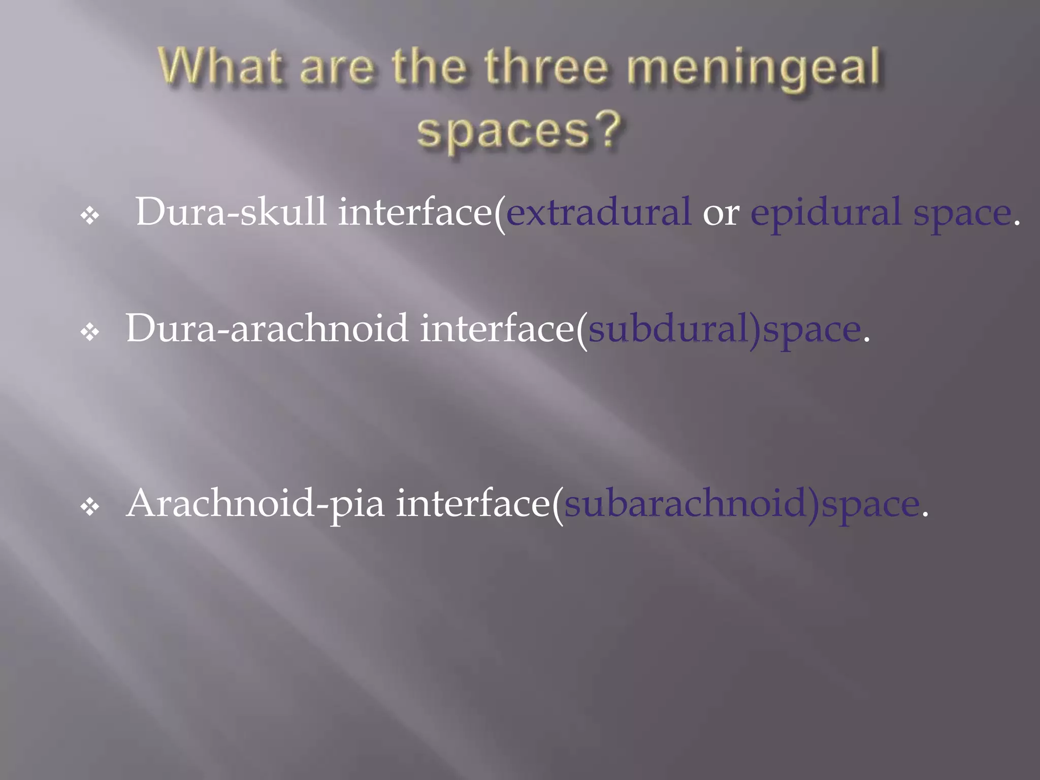 

Dura-skull interface(extradural or epidural space.



Dura-arachnoid interface(subdural)space.



Arachnoid-pia interface(subarachnoid)space.

 
