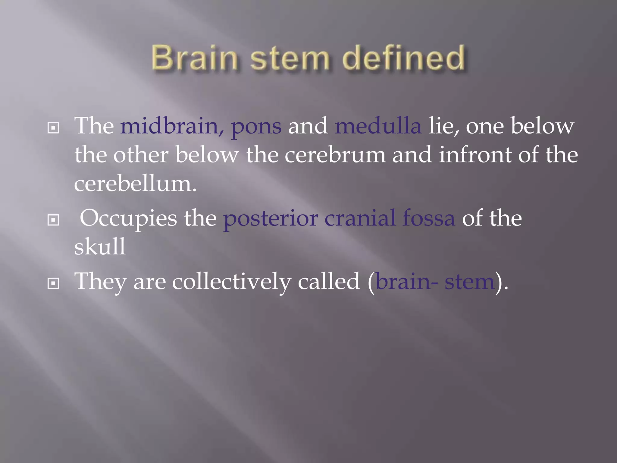 





The midbrain, pons and medulla lie, one below
the other below the cerebrum and infront of the
cerebellum.
Occupies the posterior cranial fossa of the
skull
They are collectively called (brain- stem).

 