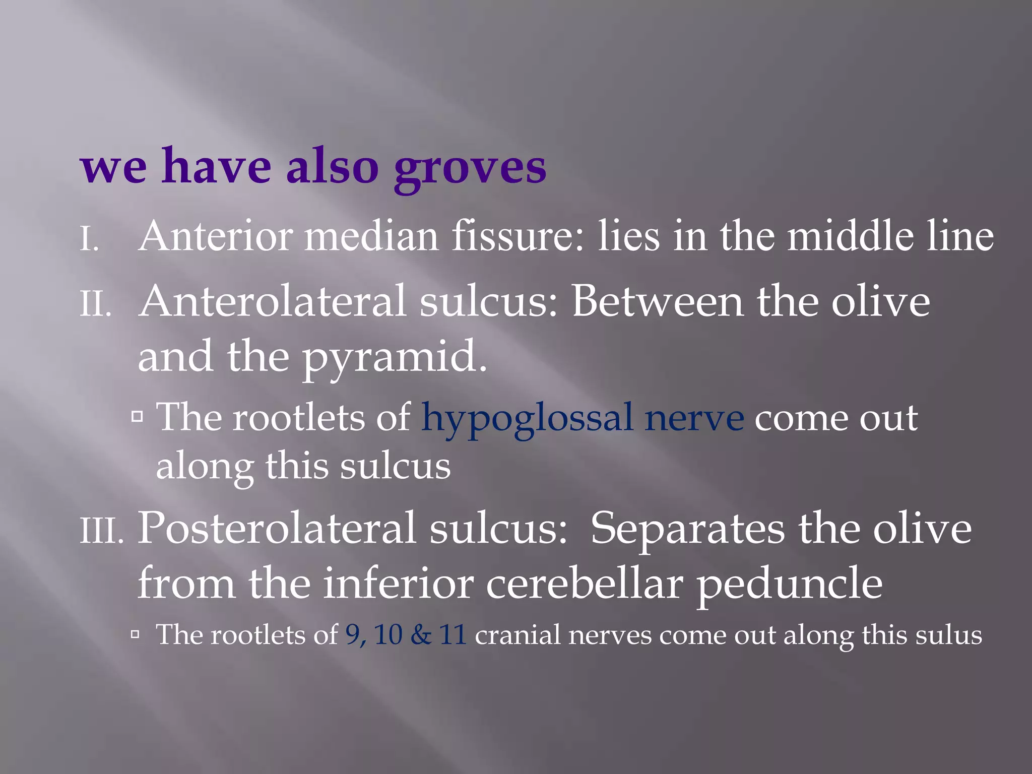 we have also groves
I.
II.

Anterior median fissure: lies in the middle line
Anterolateral sulcus: Between the olive
and the pyramid.
 The rootlets of hypoglossal nerve come out
along this sulcus

III.

Posterolateral sulcus: Separates the olive
from the inferior cerebellar peduncle
 The rootlets of 9, 10 & 11 cranial nerves come out along this sulus

 