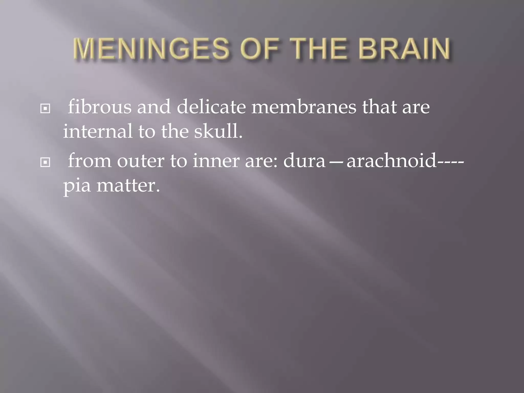 



fibrous and delicate membranes that are
internal to the skull.
from outer to inner are: dura—arachnoid---pia matter.

 