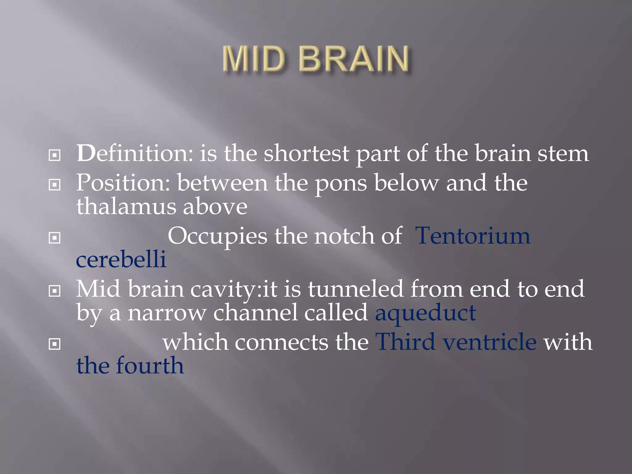 





Definition: is the shortest part of the brain stem
Position: between the pons below and the
thalamus above
Occupies the notch of Tentorium
cerebelli
Mid brain cavity:it is tunneled from end to end
by a narrow channel called aqueduct
which connects the Third ventricle with
the fourth

 