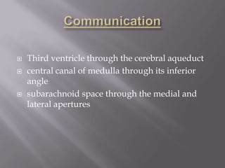 




Third ventricle through the cerebral aqueduct
central canal of medulla through its inferior
angle
subarachnoid space through the medial and
lateral apertures

 