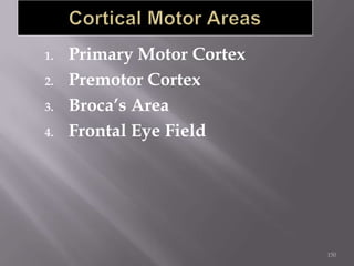 1.
2.
3.
4.

Primary Motor Cortex
Premotor Cortex
Broca’s Area
Frontal Eye Field

150

 