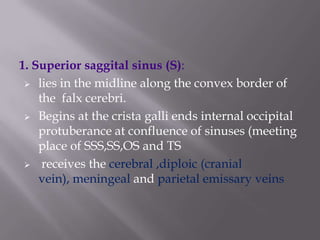 1. Superior saggital sinus (S):
 lies in the midline along the convex border of
the falx cerebri.
 Begins at the crista galli ends internal occipital
protuberance at confluence of sinuses (meeting
place of SSS,SS,OS and TS
 receives the cerebral ,diploic (cranial
vein), meningeal and parietal emissary veins

 