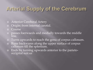 








Anterior Cereberal Artery
Origin: from internal carotid.
Course
passes foerwaeds and medially towards the middle
line.
Turns upwards to reach the genu of corpus callosum.
Runs backwares along the upper surface of corpus
callosum till the splenium.
Ends by turning upwards anterior to the parietooccipital sulcus

 