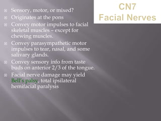 









Sensory, motor, or mixed?
Originates at the pons
Convey motor impulses to facial
skeletal muscles – except for
chewing muscles.
Convey parasympathetic motor
impulses to tear, nasal, and some
salivary glands.
Convey sensory info from taste
buds on anterior 2/3 of the tongue.
Facial nerve damage may yield
Bell’s palsy, total ipsilateral
hemifacial paralysis

 