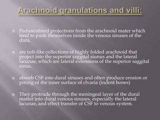 







Pedunculated projections from the arachnoid mater which
tend to push themselves inside the venous sinuses of the
dura.
are tuft-like collections of highly folded arachnoid that
project into the superior saggital siunus and the lateral
lacunae, which are lateral extensions of the superior saggital
sinus.
absorb CSF into dural sinuses and often produce erosion or
pitting of the inner surface of clvaria (indent bones)

They protrude through the meningeal layer of the dural
matter into dural venous sinuses, especially the lateral
lacunae, and effect transfer of CSF to venous system.

 