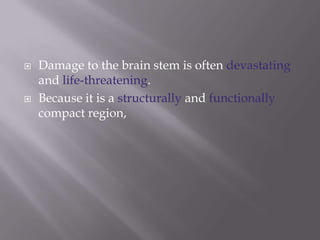 



Damage to the brain stem is often devastating
and life-threatening.
Because it is a structurally and functionally
compact region,

 