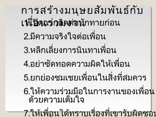 การสร้า งมนุษ ยสัม พัน ธ์ก ับ
1.เปิ นร่ว มงาน
เพื่อดฉากติดต่อทักทายก่อน
2.มีความจริงใจต่อเพือน
่
3.หลีกเลียงการนินทาเพื่อน
่
4.อย่าซัดทอดความผิดให้เพือน
่
5.ยกย่องชมเชยเพื่อนในสิงทีสมควร
่ ่
6.ให้ความร่วมมือในการงานของเพื่อน
ด้วยความเต็มใจ

7.ให้เพือนได้ทราบเรื่องทีเขารับผิดชอบ
่
่

 