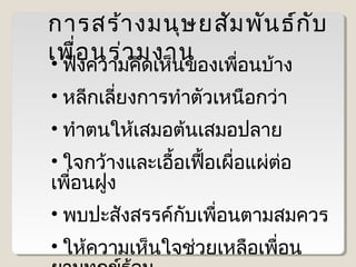 การสร้า งมนุษ ยสัม พัน ธ์ก ับ
เพื่อความคิดเห็นของเพือนบ้าง
นร่ว มงาน
• ฟัง
่
• หลีกเลียงการทำาตัวเหนือกว่า
่
• ทำาตนให้เสมอต้นเสมอปลาย
• ใจกว้างและเอื้อเฟือเผื่อแผ่ตอ
้
่
เพือนฝูง
่
• พบปะสังสรรค์กบเพือนตามสมควร
ั
่
• ให้ความเห็นใจช่วยเหลือเพื่อน

 