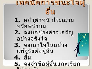เทคนิค การชนะใจผู้
อื่น

1. อย่า ตำา หนิ ประณาม
หรือ พรำ่า บ่น
2. จงยกย่อ งสรรเสริญ
อย่า งจริง ใจ
3. จงเอาใจใส่อ ย่า ง
แท้จ ริง ต่อ ผู้อ ื่น
4. ยิ้ม
5. จงจำา ชื่อ ผู้อ ื่น และเรีย ก

 