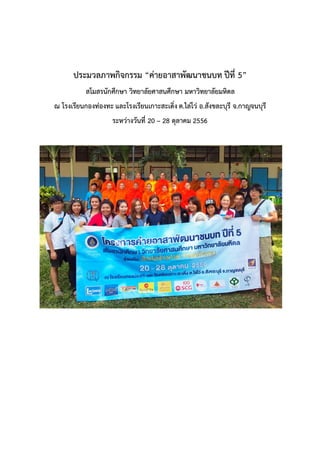 ประมวลภาพกิจกรรม “ค่ายอาสาพัฒนาชนบท ปีที่ 5”
สโมสรนักศึกษา วิทยาลัยศาสนศึกษา มหาวิทยาลัยมหิดล
ณ โรงเรียนกองท่องทะ และโรงเรียนเกาะสะเดิ่ง ต.ไล่โว่ อ.สังขละบุรี จ.กาญจนบุรี
ระหว่างวันที่ 20 – 28 ตุลาคม 2556

 