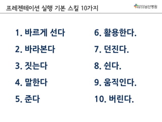프레젠테이션 실행 기본 스킬 10가지

1. 바르게 선다

6. 활용한다.

2. 바라본다

7. 던진다.

3. 짓는다

8. 쉰다.

4. 말한다

9. 움직인다.

5. 준다

10. 버린다.

 