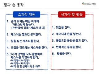 팔과 손 동작
효과적 행동

삼가야 할 행동

1. 손의 위치는 배꼽 아래에
자연스럽게 놓는다.
(손바닥이 위쪽- 제스처 용이)

1. 뒷짐을 진다.

2. 제스처는 몇초간 유지한다.

2. 주머니에 손을 넣는다.

3. 힘을 싣는 제스처를 한다.

3. 불필요한 물건을 들고 있다.

4. 요점을 강조하는 제스처를 한다.

4. 반복적인 동작을 한다.

5. 3가지 영역을 모두 활용하여
제스처를 다양하게 한다.

5. 팔짱을 낀다.

-머리에서 허리까지
-머리에서 바닥까지
-머리 위 및 신체의 전후 좌우

 
