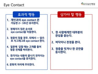 Eye Contact
효과적 행동

삼가야 할 행동

1. 개인과의 eye contact 은
가능한 2~ 3초간 유지한다.
2. 정해지지 않은 순서로
eye contact을 이동한다.
3. 청중이 많을 경우, 뒤에서 ↔ 앞으
로 지그재그로 eye contact 한다.
4. 질문에 답할 때는 고개를 들어
청중 전체를 바라본다.
5. 한가지는 내용이 끝나기 전까지는
eye contact을 유지한다.
6. 문화적 차이에 주의한다.

1. 한 사람에게만 대부분의
관심을 쏟는다.
2. 바닥이나 천정을 본다.
3. 청중을 빗겨나 한 곳만을
응시한다.

 