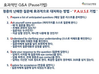 효과적인 Q&A (Pause기법)
청중의 난해한 질문에 효과적으로 대처하는 방법 – ‘ P.A.U.S.E 기법 ’
1. Prepare a list of anticipated questions (예상 질문 리스트를 준비한다.)
2. Ask yourself some question (여러가지를 스스로 질문해 본다.)
- 왜 이 질문을 했는가?
- 주제와 관련이 있는가?
- 질문자는 누구인가?
- 지금 답할 것인가, 아니면 나중에 할 것인가?
3. Understand by clarifying your understanding (스스로 이해도를 확인한다.)
- 질문에 대해 이해한 바를 확인한다.
- 질문자에게 질문을 달리 표현하게 한다.
- 질문자의 질문내용과 감정을 살핀다.
4. State your response to the question (질문에 답한다.)
- 답하기 시작할 때 질문자와 eye contact을 한다.
- 답을 하면서, 전체 청중과 eye contact을 한다.
- 답하는 시간은 10초 정도로 한다. 복잡한 질문의 경우에도 30초를 넘지 않는다.
5. Explore for acceptance (반응을 살핀다.)
- 질문자에게 질문에 답이 되었는지 묻는다.

 