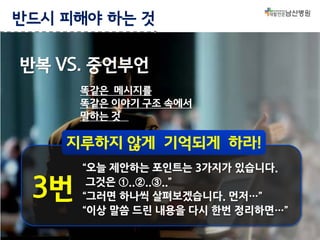 반드시 피해야 하는 것

반복 VS. 중언부언
똑같은 메시지를
똑같은 이야기 구조 속에서
말하는 것

지루하지 않게 기억되게 하라!

3번

“오늘 제안하는 포인트는 3가지가 있습니다.
그것은 ①..②..③..”
“그러면 하나씩 살펴보겠습니다. 먼저…”
“이상 말씀 드린 내용을 다시 한번 정리하면…”

 